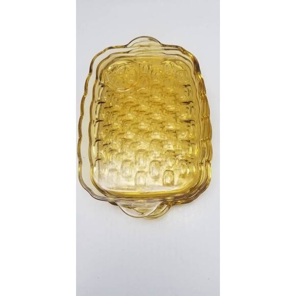 4 Vintage Federal Yorktown, Snack Tray, Amber Gold Colonial Glass Luncheon Tray - Picture 5 of 6